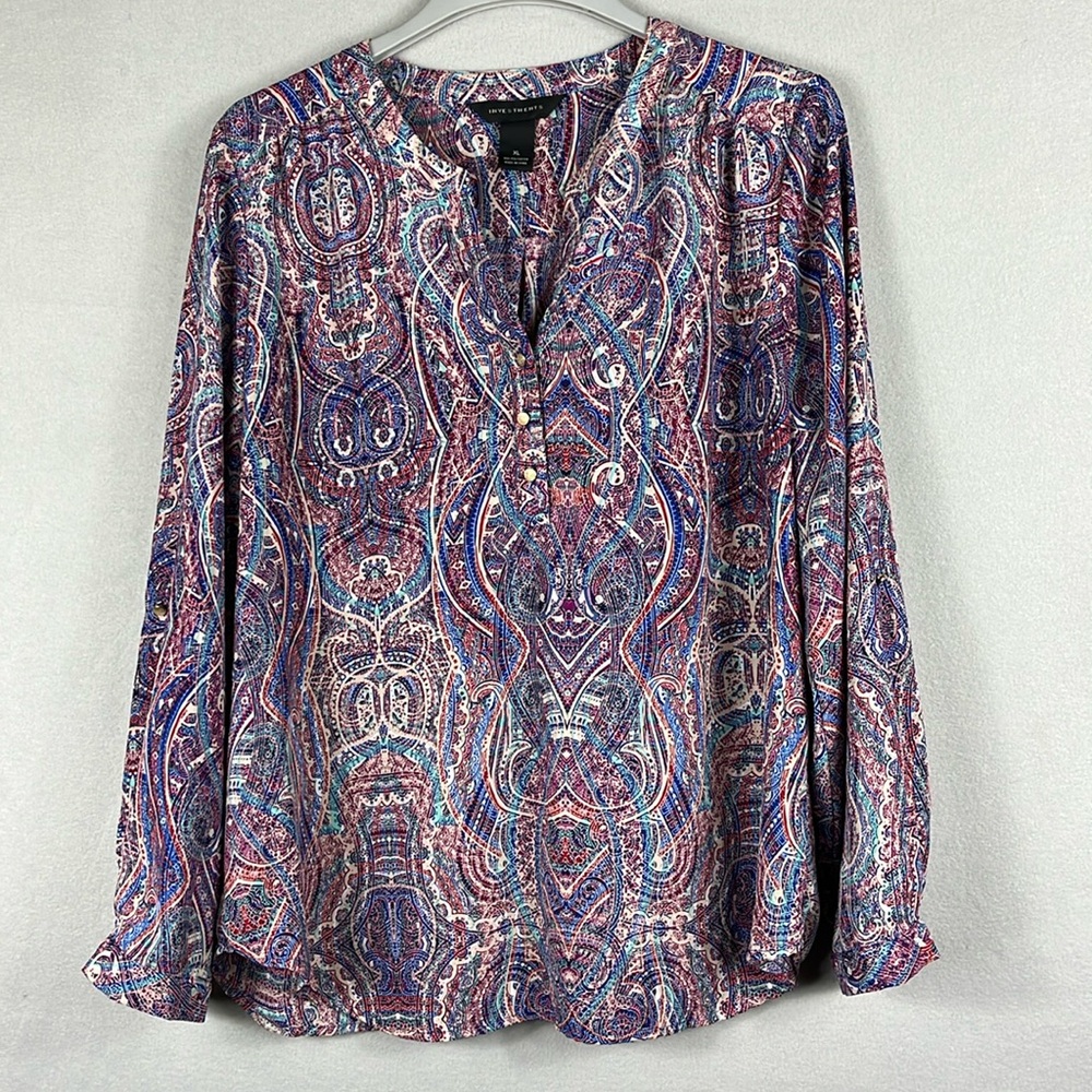 Investments Womens Long Sleeve V-Neck Multicolor Tunic Blouse Size XL Blue Red